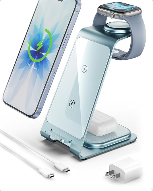 Intoval 3 in 1 Wireless Charging Station for iPhone 17 16 15 14 13 12 11 Pro Max X XS XR, Aluminum Unibody Wireless Charger for Apple Watch 11 10 9 8 7 Ultra SE 3 2, for AirPods 4 Pro 2 3 (Blue)
