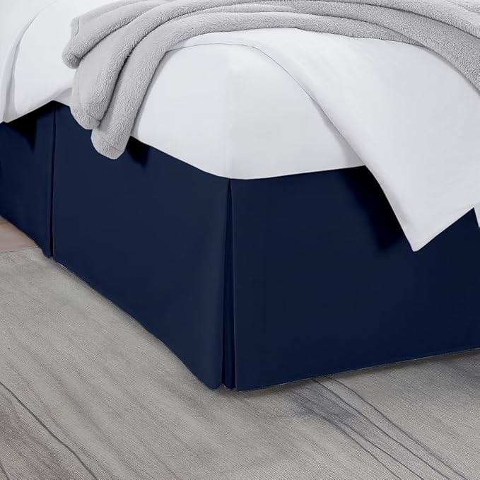 Queen Bed Skirt, Luxury 14 Inch Drop Navy Blue Pleated Bed Skirt, Double Brushed Microfiber, Box Pleat Design, Wrinkle & Fade Resistant, Easy Fit Tailored Bedskirt for Queen Size Beds