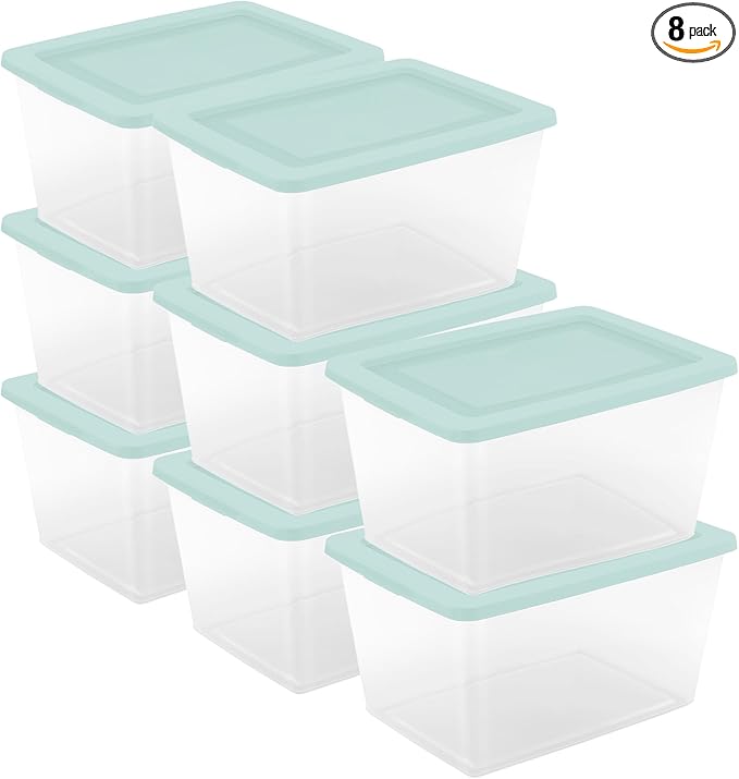 Sterilite 8 Pack Storage Boxes, Clear Plastic Stackable Containers, Lightweight Home Organizers with Snap Lids, 58 Quart, Mindful Mint