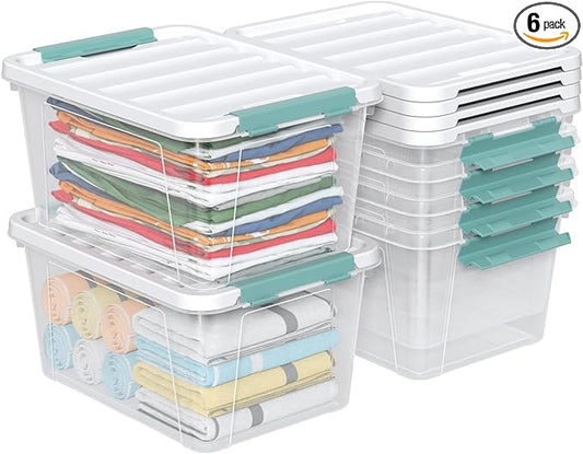20 Quart Storage Box Bins with Lids, Clear Plastic Latch Totes for Storage, 6 Packs