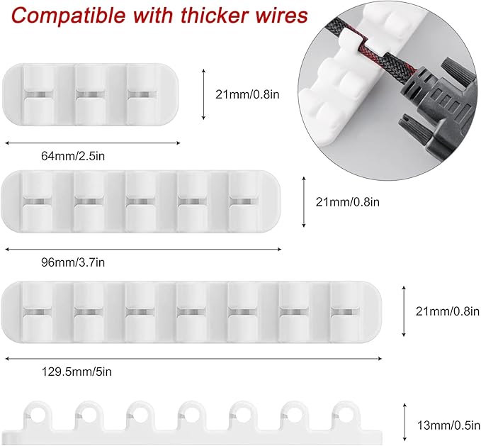 SOULWIT Upgraded Cable Holder, Cable Management Cord Organizer Clips Silicone Self Adhesive for Desktop USB Charging Cable Power Cord Bedside Wire PC Office Home (3/5/7 slot,White)