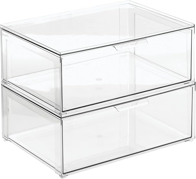mDesign Plastic Stackable Closet Storage Organizer Bin Containers with Front Pull Drawer for Cabinet, Desk, Shelf, Cupboard, or Dresser Organization - Lumiere Collection - 2 Pack - Clear