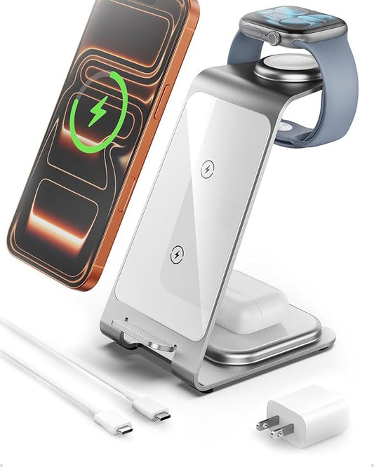 Intoval Aluminum 3 in 1 Wireless Charging Station for iPhone 17 16 15 14 13 12 11 Pro Max XR, Wireless Charger for Apple Watch 11 10 9 8 7 Ultra SE 3 2, Phone Charger for AirPods 4 Pro 2 3 (Silver)