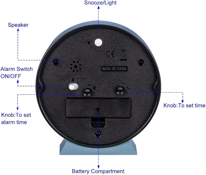 4.5" Battery Operated Retro Analog Alarm Clock, Small Silent Bedside Desk Clock,Lighted on Demand, Battery Operated, Snooze, for Living Room, Bedroom, Bedside, Desk(Blue)