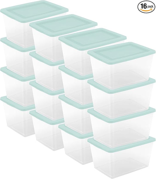 Sterilite 16 Pack Storage Boxes, Clear Plastic Stackable Containers, Lightweight Home Organizers with Snap Lids, 58 Quart, Mindful Mint