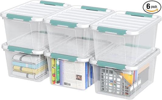 20 Quart Clear Storage Box, Set of 6 Plastic Latching Bins with Lids