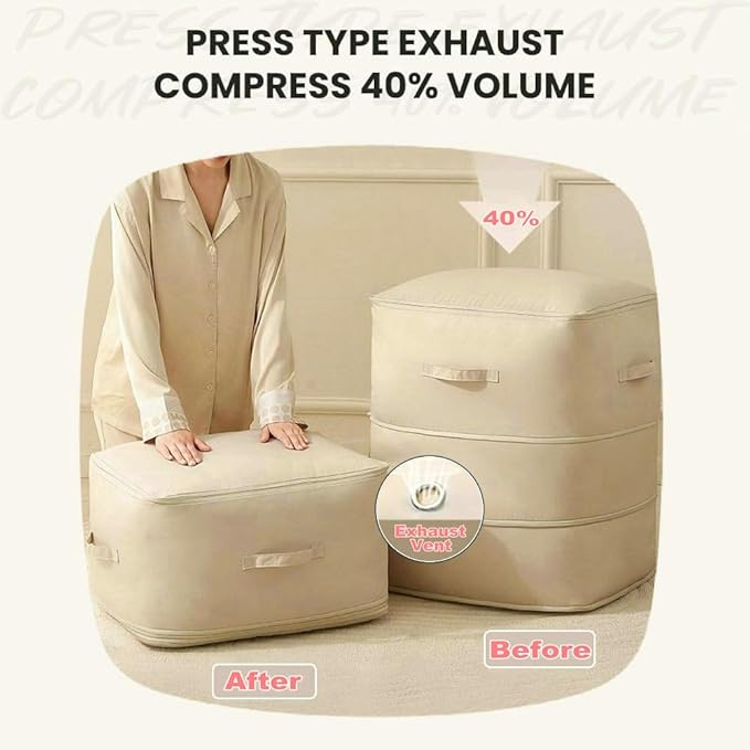 Ultra Space Saving Self Compression Organizer, 2025 New 3-Layer Zipper Large Capacity Storage Bag, Thick Satin Fabric Heavy Duty Bags for Comforters Blankets Bedding Duvet (Beige, X-Large, 21x17x24in)