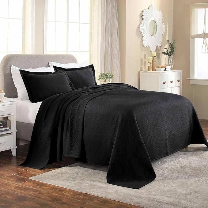 Superior 3 Piece Basketweave Cotton Bedspread Set, Home Bed Decor, Decorative Bed Spread, 2 Pillow Shams, Medium Weight Blanket, Matelasse Coverlet Bedding, Geometric Lattice Pattern, Full, Black