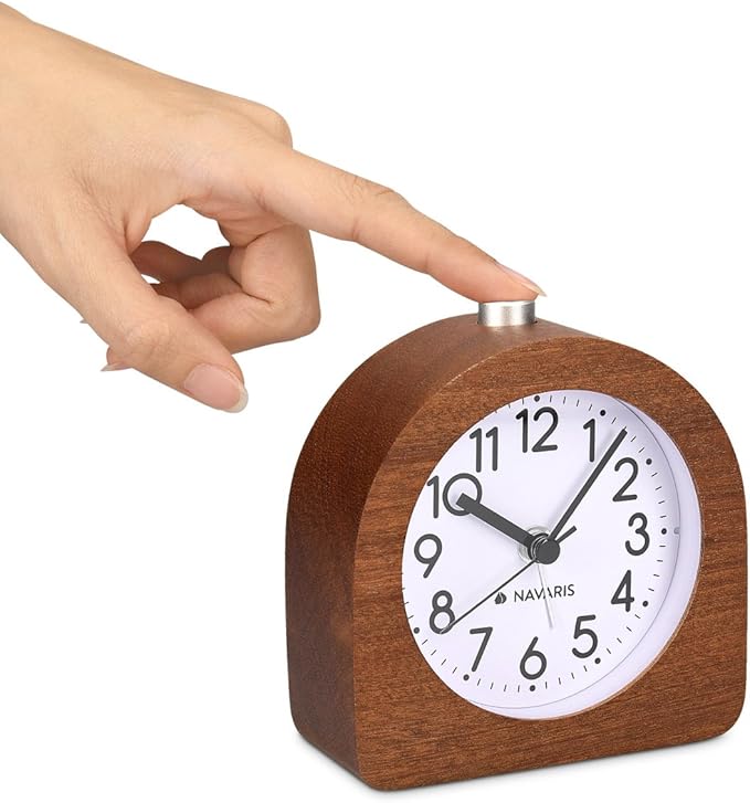 Navaris Wood Analog Alarm Clock - Half-Round Battery-Operated Non-Ticking Clock with Snooze Button and Light - Dark Brown