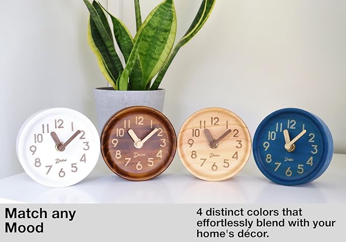 Driini Wooden Analog Desktop Clock – 4.3 in. Decorative Pinewood, No-Tick Design – Easy to Read Silent Sweep Mantle Clock – Quiet Tabletop Clocks with Wood Body, Hands, & Battery Cover; Light
