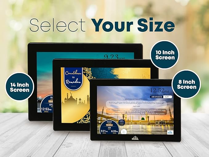 Masjidal 14" Digital Azan Clock with WiFi, Dynamic Touch Screen, Worldwide Prayer Times, Full Quran Player, Islamic Art, Streaming Halal Muslim Content: Duas, Dhikr, Hadith, Surah of The Day, Black