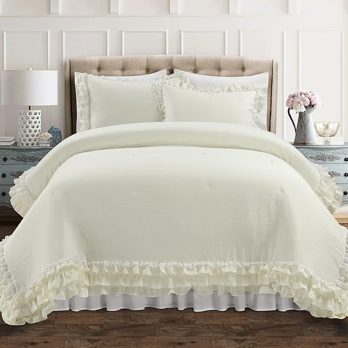 Lush Decor Ella Parisian Vintage Chic Ruffle Lace 3 Piece Comforter Set, Full/Queen, Ivory