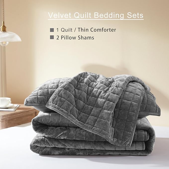 LEAONME Velvet Quilt King Size-98''x106'', Lightweight Grey Velvet Comforter Set with 2 Pillow Shams, Soft Bedspread Coverlet Quilted Bedding Set for All Season