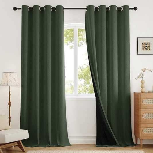 100% Blackout Curtains 108 inch Length 2 Panels for Living Room, Linen-Look Textured Room Darkening Thermal Insulated Noise Reduction Farmhouse Drapes for Bedroom (W52xL108, Olive)