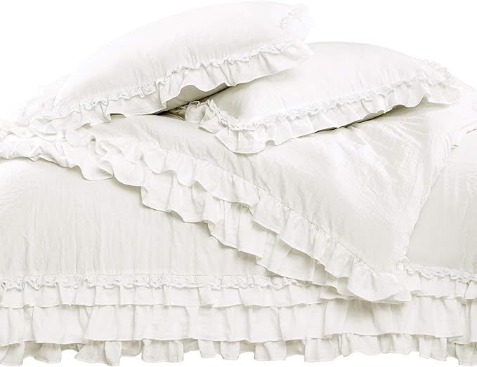 Lush Decor Ella Ruffle Lace Comforter, 3 Piece Set, Full/Queen, White - Cute Comforter - Queen Bedding Set - White Bedding Full Size - Coquette Decor - Ruffle Trim - Lace Trim