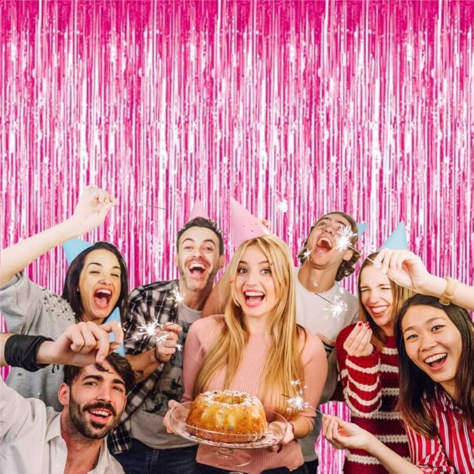 GOER 3.2 ft x 8.2 ft Metallic Tinsel Foil Fringe Curtains Party Photo Backdrop Party Streamers for Galentines Day,Birthday,Graduation,New Year Eve Decorations Wedding Decor (1 Pack, Hot Pink)