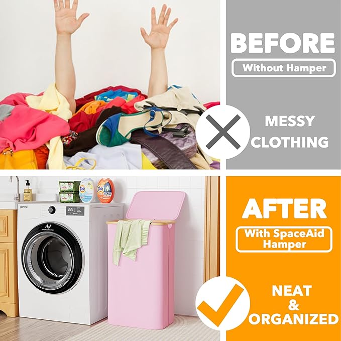 SpaceAid Laundry Hamper with Lid, 110L Large Tall Clothes Basket Bin with Bamboo Handles, Collapsible Laundry Hamper for Bedroom, Bathroom, Dorm, Laundry Room - Pink