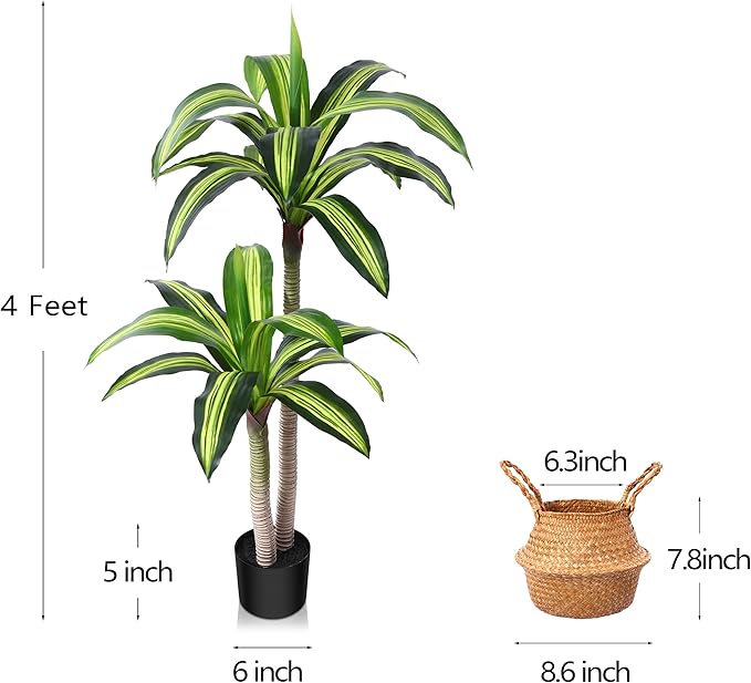 Artificial Plants, 4 Ft Dracaena Tree Faux Plants Indoor Outdoor Decor Fake Tree with Woven Seagrass Basket Plants for Home Decor Office Living Room Porch Patio Perfect Housewarming Gift