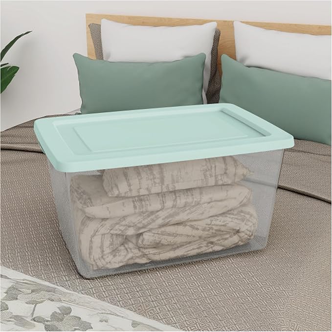 Sterilite 8 Pack Storage Boxes, Clear Plastic Stackable Containers, Lightweight Home Organizers with Snap Lids, 58 Quart, Mindful Mint