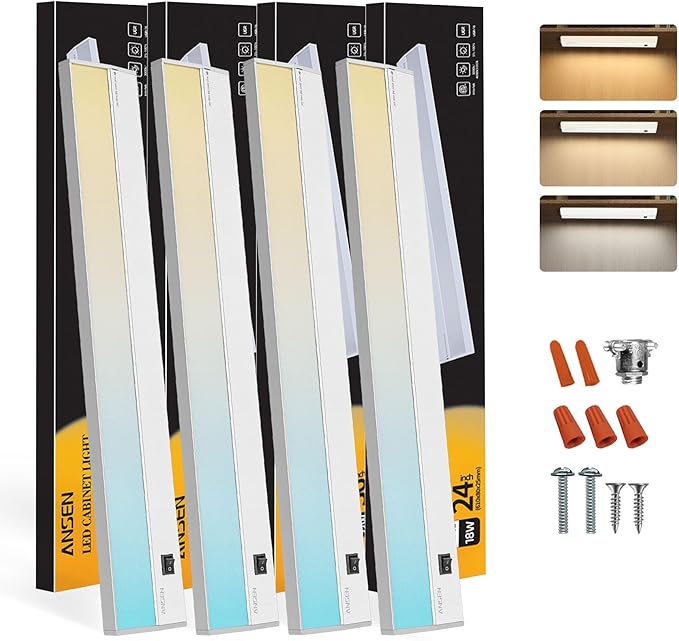 Ansen 4Packs of Under Cabinet Lighting Hardwired, 24IN 18W 1237LM, Dimmable Led Light for Kitchen/Bar/Closet, CRI>92, R9>90, 3 Color Temperature, 3000K/4000K/5000K(Warm White, Cool White, Daylight)