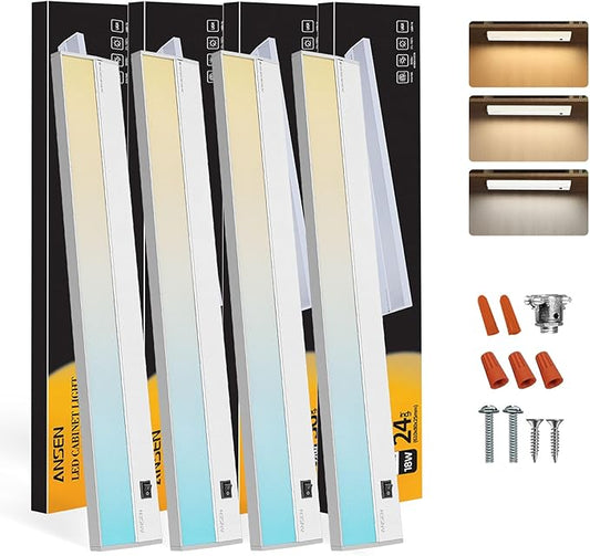 Ansen 4Packs of Under Cabinet Lighting Hardwired, 24IN 18W 1237LM, Dimmable Led Light for Kitchen/Bar/Closet, CRI>92, R9>90, 3 Color Temperature, 3000K/4000K/5000K(Warm White, Cool White, Daylight)
