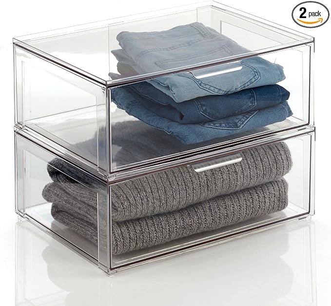 mDesign Plastic Stackable Closet Storage Organizer Bin Containers with Front Pull Drawer for Cabinet, Desk, Shelf, Cupboard, or Dresser Organization - Lumiere Collection - 2 Pack - Clear