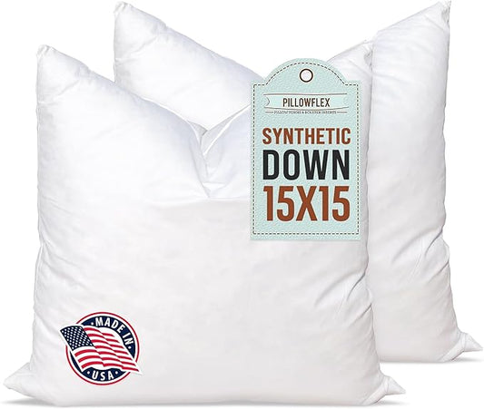 Pillowflex Synthetic Down Alternative Pillow Inserts for Shams - Comfy Pillows for Sleeping, Perfect Pillow & Best Sleeping Pillows, Handmade Down Alternative Throw Pillow Inserts - (15x15 Set of 2)