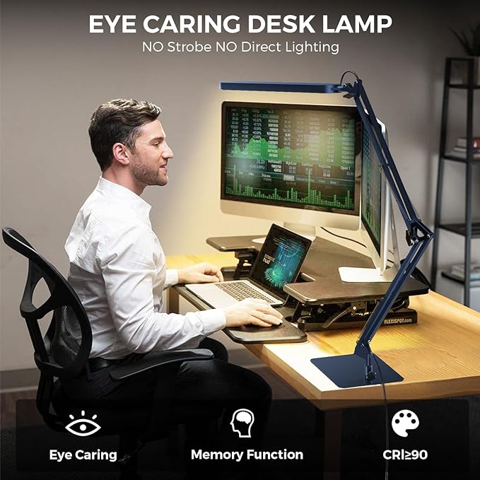 SKYLEO LED Desk Lamp with Slim Base - Adjustable Swing Arm Desk Light, Dimmable, Timer, Eye Protection, Memory Function, 1300LM, 12W, Blue