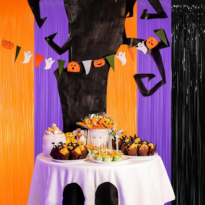 GOER 3.2 ft x 8.2 ft Metallic Tinsel Foil Fringe Party Backdrop for Halloween Birthday Graduation New Year's Party Decorations(5 Packs,Black&Orange&Purple)