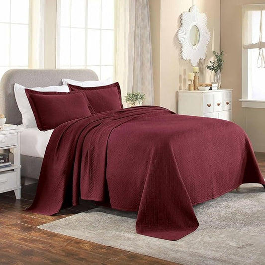Superior 3 Piece Basketweave Cotton Bedspread Set, Home Bed Decor, Decorative Bed Spread, 2 Pillow Shams, Medium Weight Blanket, Matelasse Coverlet Bedding, Geometric Lattice Pattern, King, Garnet