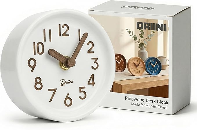 Driini Wooden Analog Desktop Clock – 4.3 in. Decorative Pinewood, No-Tick Design – Easy to Read Silent Sweep Mantle Clock – Quiet Tabletop Clocks with Wood Body, Hands, & Battery Cover; White