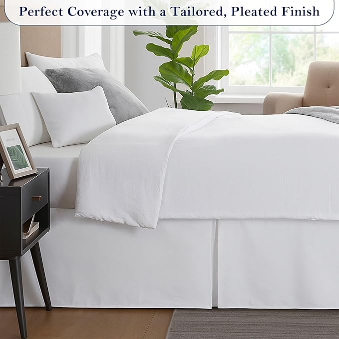 Queen Bed Skirt, Luxury 12 Inch Drop White Pleated Bed Skirt, Double Brushed Microfiber, Box Pleat Design, Wrinkle & Fade Resistant, Easy Fit Tailored Bedskirt for Queen Size Beds