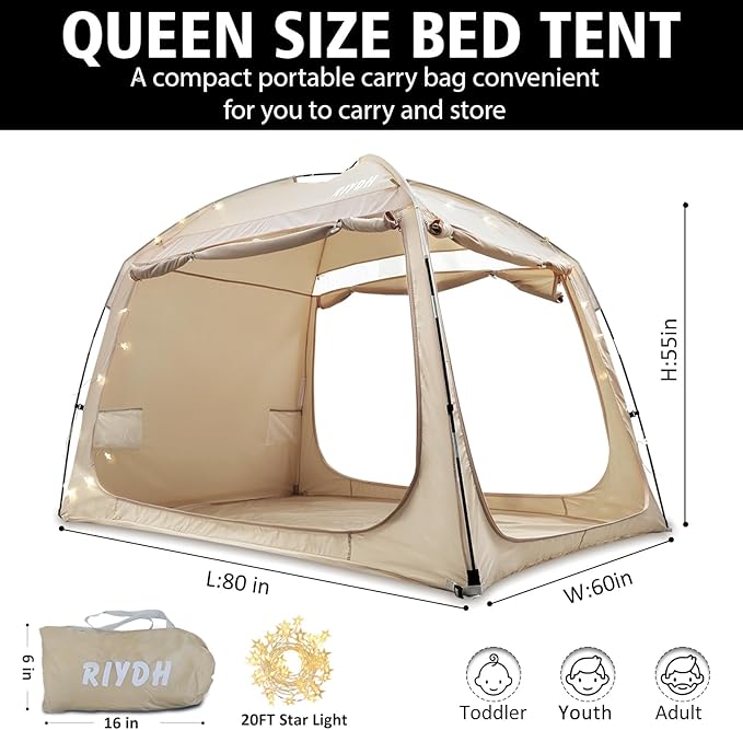 Bed Tent Bed Canopy Breathable 100% for Adult and Kids- Original Design Light Reduction 93% Sleeping Dream Tents Indoor Portable Big Space with String Light 3 Doors Twin Full Queen King Size