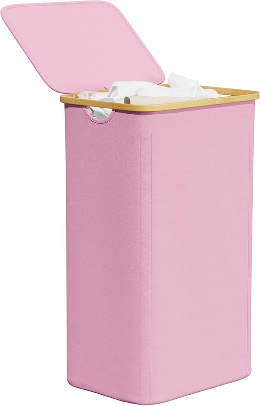 SpaceAid Laundry Hamper with Lid, 110L Large Tall Clothes Basket Bin with Bamboo Handles, Collapsible Laundry Hamper for Bedroom, Bathroom, Dorm, Laundry Room - Pink