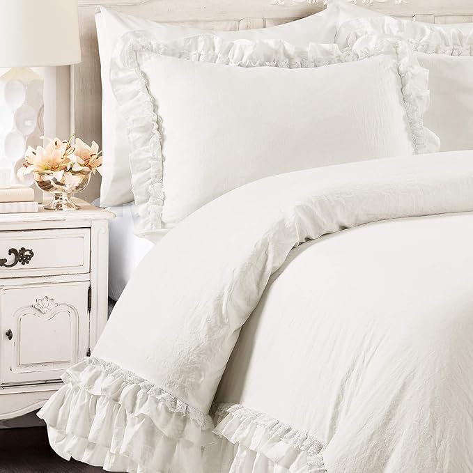 Lush Decor Ella Ruffle Lace Comforter, 3 Piece Set, King, White - Cute Comforter - King Bedding Set - White Bedding - Coquette Decor - Ruffle Trim - Lace Trim