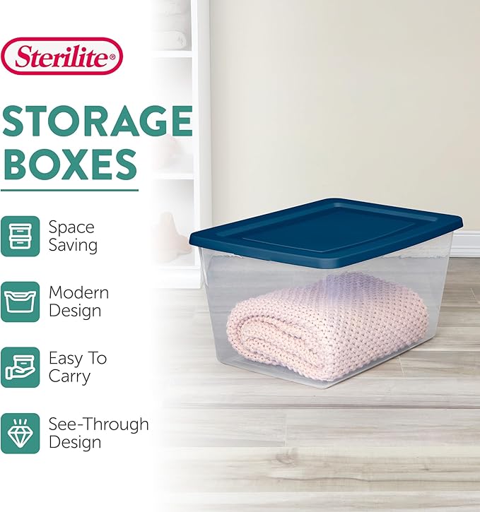 Sterilite 8 Pack Storage Boxes, Clear Plastic Stackable Containers, Lightweight Home Organizers with Snap Lids, 58 Quart, Marine Blue