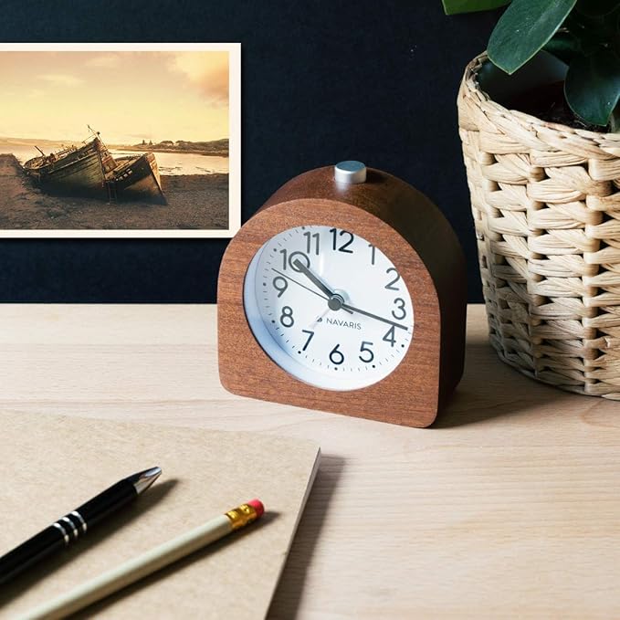 Navaris Wood Analog Alarm Clock - Half-Round Battery-Operated Non-Ticking Clock with Snooze Button and Light - Dark Brown