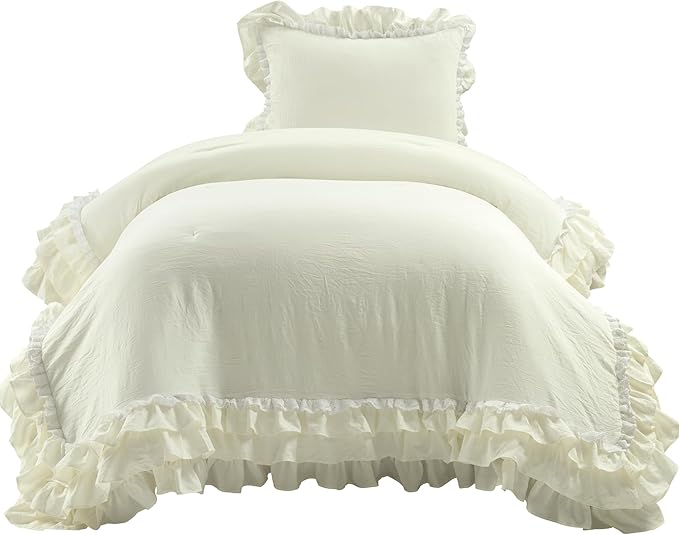 Lush Decor Ella Ruffle Lace Comforter, 2 Piece Set, Twin, Ivory - Cute Comforter - Twin Bedding Set - White Bedding - Coquette Decor - White Lace Trim - Ruffle Trim
