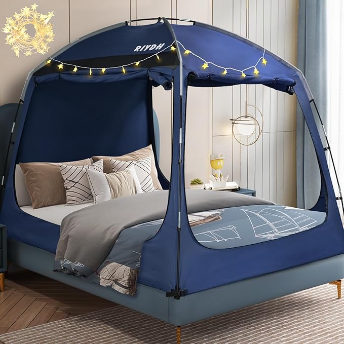 Bed Tent Bed Canopy Breathable 100% for Adult and Kids- Original Design Light Reduction 93% Sleeping Dream Tents Indoor Portable Big Space with String Light 3 Doors Twin Full Queen King Size