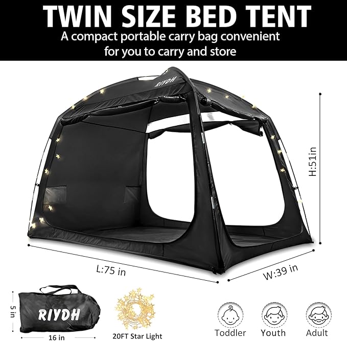 Bed Tent Bed Canopy Breathable 100% for Adult and Kids- Original Design Light Reduction 93% Sleeping Dream Tents Indoor Portable Big Space with String Light 3 Doors Twin Full Queen King Size