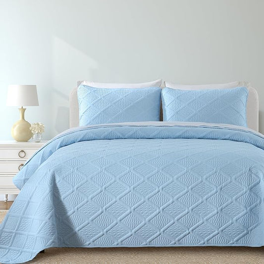 Yiran Ash Blue Quilt Set Queen Size, 3 Piece Reversible Bedspreads Bedding Set, Fall Diamond Pattern Coverlet for All Season with 2 Pillow Shams (Full/Queen, 96x90 Inch)
