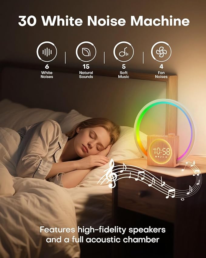 Sunrise Alarm Clock, White Noise Sound Machine, Alarm Clocks for Bedrooms with 12 Color Ambient Nightlight, White Noise Machine with 30 Soothing Sounds, Gifts for Adults, Kids, Couples, and Friends