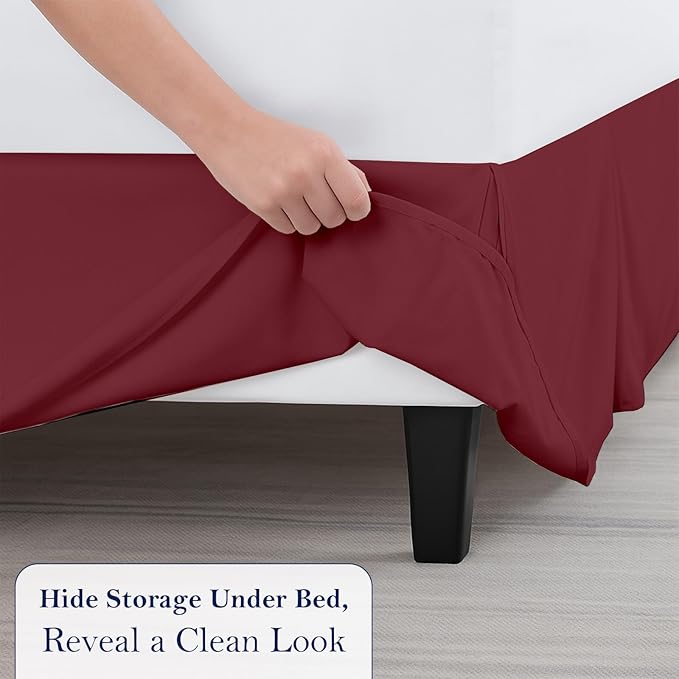 Twin Bed Skirt, Luxury 16 Inch Drop Burgundy Pleated Bed Skirt, Double Brushed Microfiber, Box Pleat Design, Wrinkle & Fade Resistant, Easy Fit Tailored Bedskirt for Twin Size Beds