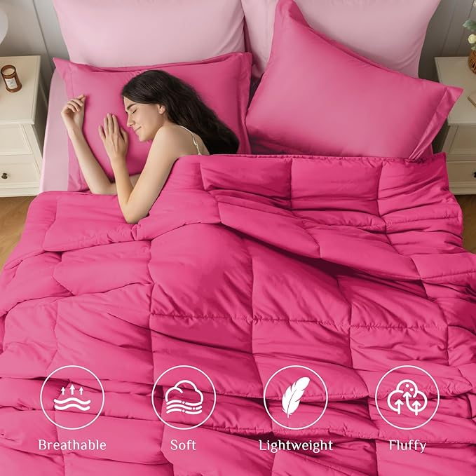 JOLLYVOGUE California King Comforter Set, Ultra-Soft Bed in a Bag 7 Pieces, Oeko-TEX Certified Bedding Set with Down Alternative Comforter, Sheets, Pillowcases & Shams, Hot Pink & Baby Pink