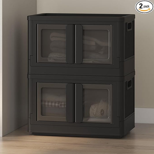 FLEXIMOUNTS 75 QT Stackable Storage Bins With Lids, Collapsible Plastic Storage Bins, Closet Organizers and Storage Containers with Doors and Built-in Wheels For Home, 2 Pack Cubes, Black