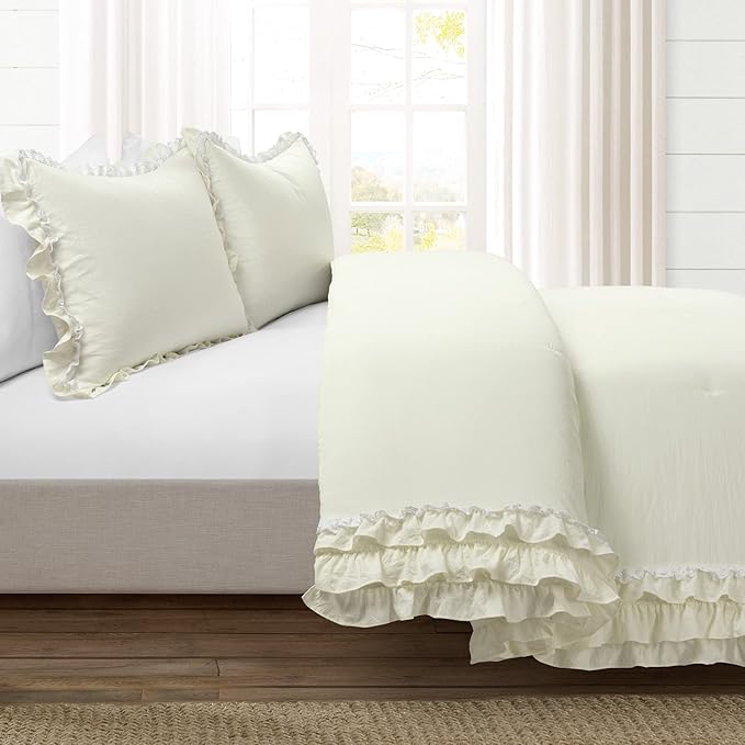 Lush Decor Ella Parisian Vintage Chic Ruffle Lace 3 Piece Comforter Set, Full/Queen, Ivory