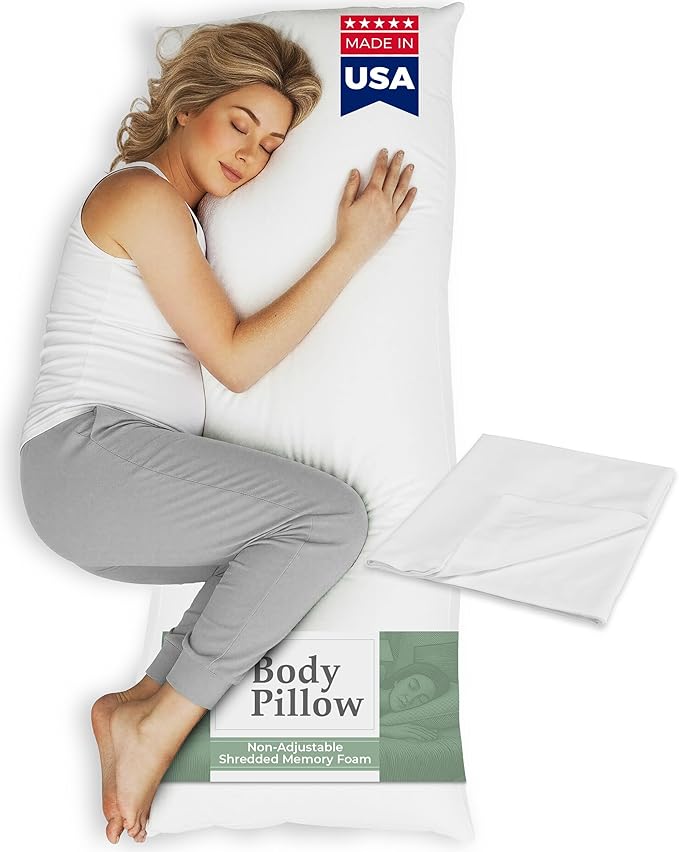 Snuggle-Pedic Body Pillow for Side Sleepers for Adults - Full Body Maternity Pillow Support Legs, Belly & HIPS - Shredded Memory Foam & Cooling Pregnancy Pillow Cover - 20x54 White