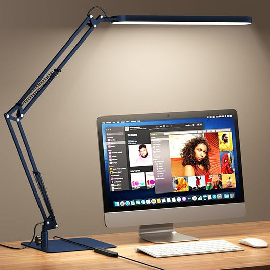 SKYLEO LED Desk Lamp with Slim Base - Adjustable Swing Arm Desk Light, Dimmable, Timer, Eye Protection, Memory Function, 1300LM, 12W, Blue