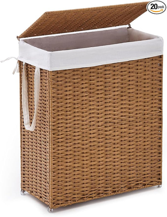 Slim Wicker Laundry Hamper with Lid, 75L Handwoven Rattan Basket with Handles, Narrow Laundry Basket with Removable Liner Bag & 2 Mesh Bags
