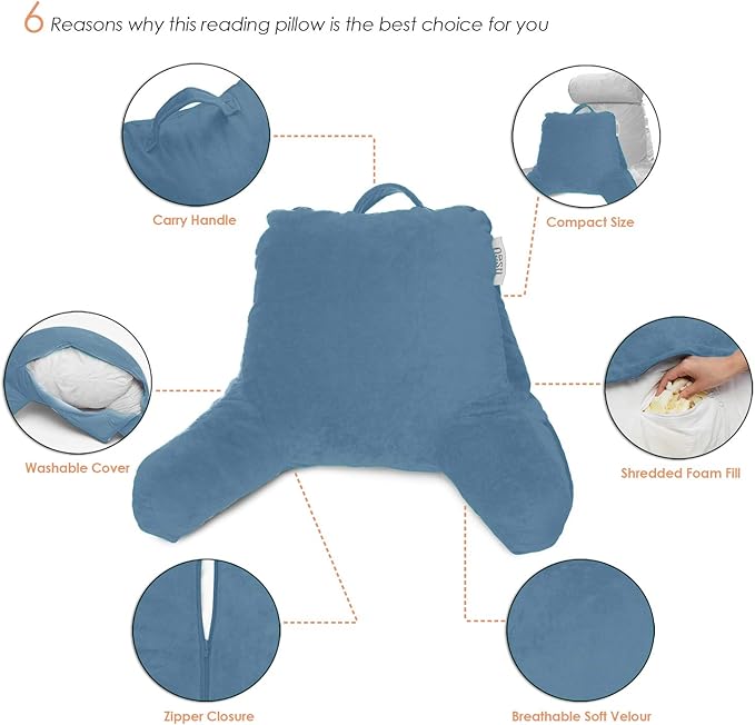 Nestl Reading Pillow for Kids & Teens with Shredded Memory Foam, Backrest Pillows for Reading, Watching, and Gaming, Use on the Couch, Bed, or Floor, Adjustable Support with Washable Cover Blue Heaven
